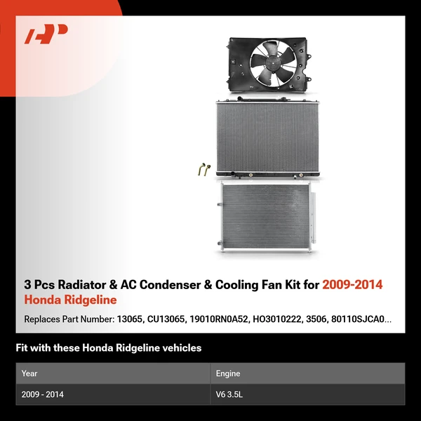 3 Pcs Radiator & AC Condenser & Cooling Fan Kit for 2009-2014 Honda Ridgeline