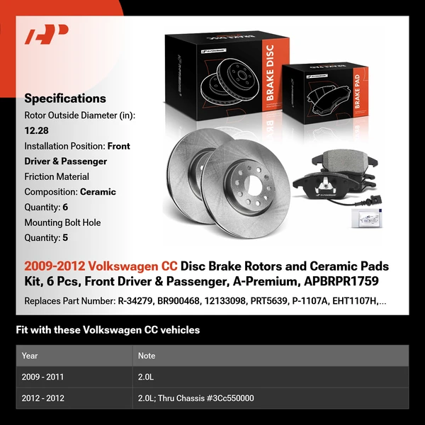 2009-2012 Volkswagen CC Disc Brake Rotors and Ceramic Pads Kit, 6 Pcs, Front Driver & Passenger, A-Premium, APBRPR1759