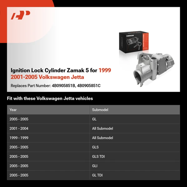 Ignition Lock Cylinder Zamak 5 for 1999 2001-2005 Volkswagen Jetta