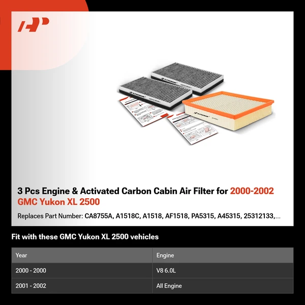 3 Pcs Engine & Activated Carbon Cabin Air Filter for 2000-2002 GMC Yukon XL 2500