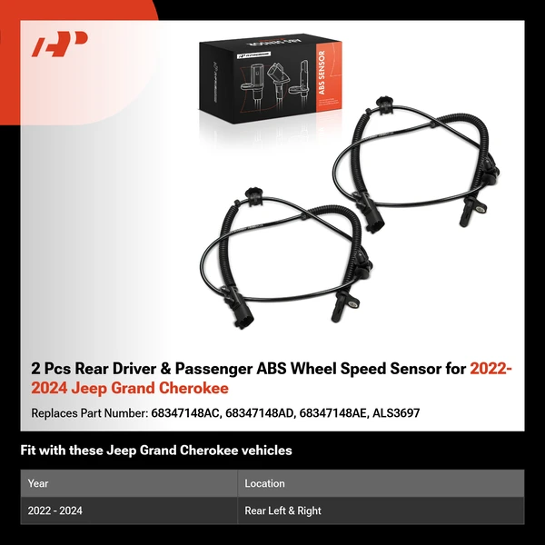 2 Pcs Rear Driver & Passenger ABS Wheel Speed Sensor for 2022-2024 Jeep Grand Cherokee