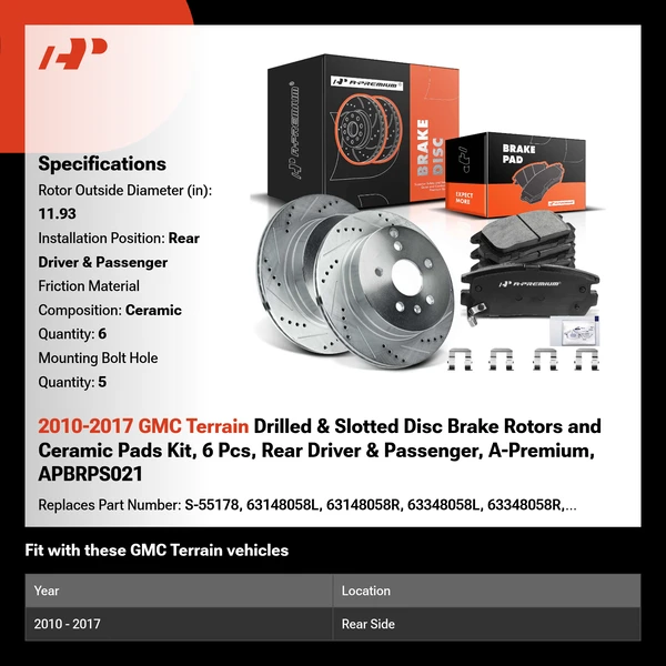 2010-2017 GMC Terrain Drilled & Slotted Disc Brake Rotors and Ceramic Pads Kit, 6 Pcs, Rear Driver & Passenger, A-Premium, APBRPS021
