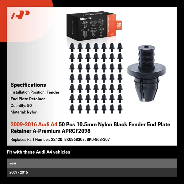 2009-2016 Audi A4 50 Pcs 10.5mm Nylon Black Fender End Plate Retainer A-Premium APRCF2098