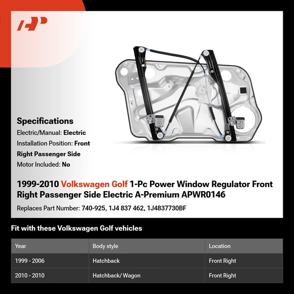 1999-2010 Volkswagen Golf 1-Pc Power Window Regulator Front Right Passenger Side Electric A-Premium APWR0146