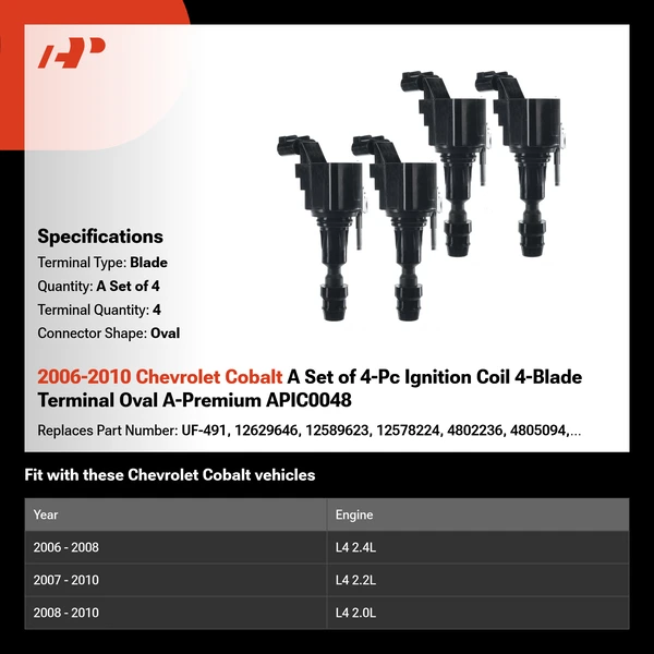 2006-2010 Chevrolet Cobalt A Set of 4-Pc Ignition Coil 4-Blade Terminal Oval A-Premium APIC0048