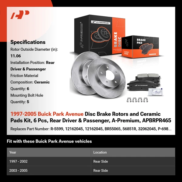 1997-2005 Buick Park Avenue Disc Brake Rotors and Ceramic Pads Kit, 6 Pcs, Rear Driver & Passenger, A-Premium, APBRPR465