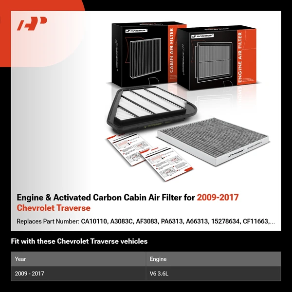 Engine & Activated Carbon Cabin Air Filter for 2009-2017 Chevrolet Traverse