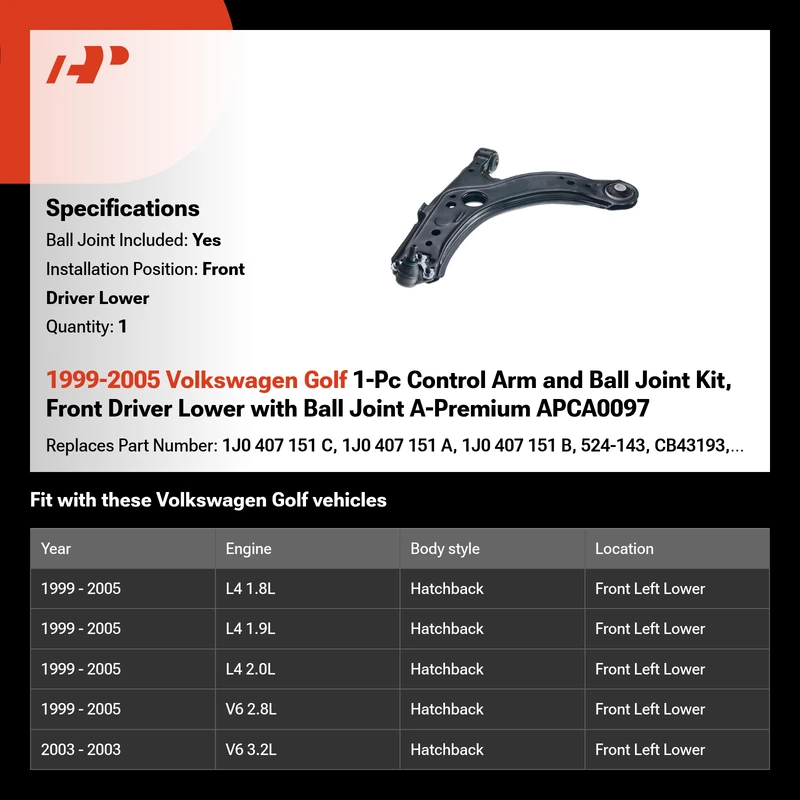 1999-2005 Volkswagen Golf 1-Pc Control Arm and Ball Joint Kit, Front Driver Lower with Ball Joint A-Premium APCA0097
