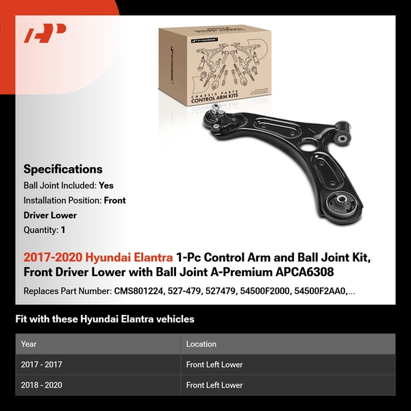2017-2020 Hyundai Elantra 1-Pc Control Arm and Ball Joint Kit, Front Driver Lower with Ball Joint A-Premium APCA6308
