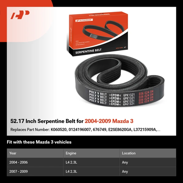52.17 Inch Serpentine Belt for 2004-2009 Mazda 3