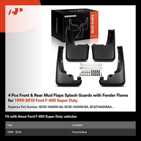 4 Pcs Front & Rear Mud Flaps Splash Guards with Fender Flares for 1999-2010 Ford F-450 Super Duty