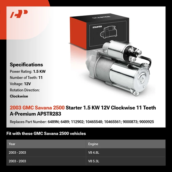 2003 GMC Savana 2500 Starter 1.5 KW 12V Clockwise 11 Teeth A-Premium APSTR283