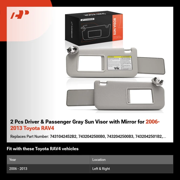 2 Pcs Driver & Passenger Gray Sun Visor with Mirror for 2006-2013 Toyota RAV4