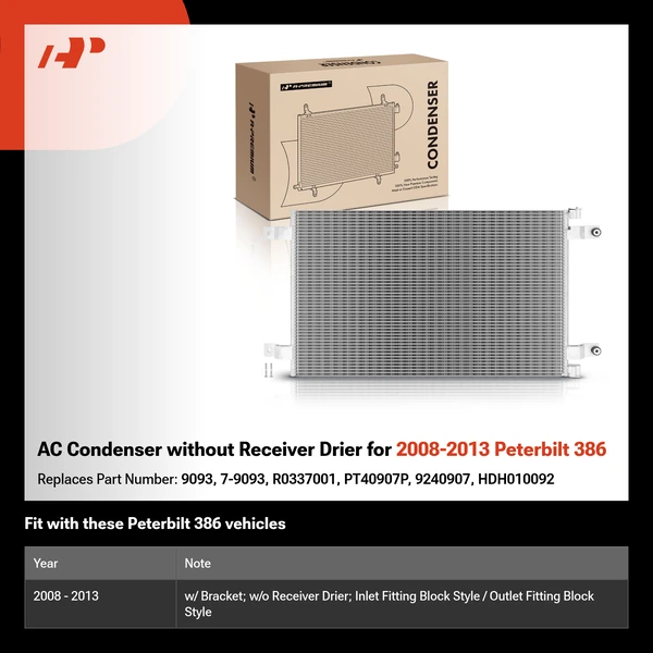 AC Condenser without Receiver Drier for 2008-2013 Peterbilt 386