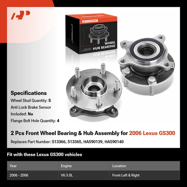 2 Pcs Front Wheel Bearing & Hub Assembly for 2006 Lexus GS300