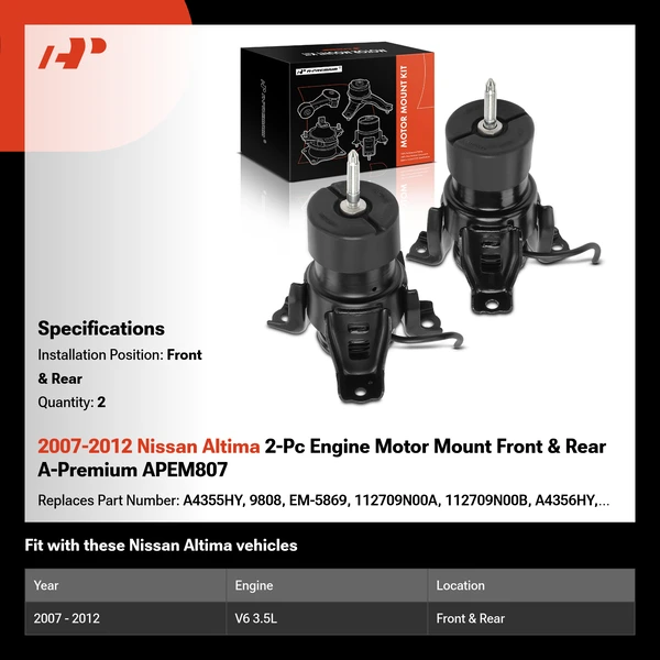 2007-2012 Nissan Altima 2-Pc Engine Motor Mount Front & Rear A-Premium APEM807