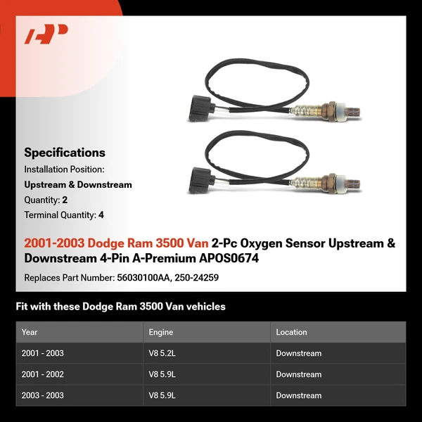 2001-2003 Dodge Ram 3500 Van 2-Pc Oxygen Sensor Upstream & Downstream 4-Pin A-Premium APOS0674