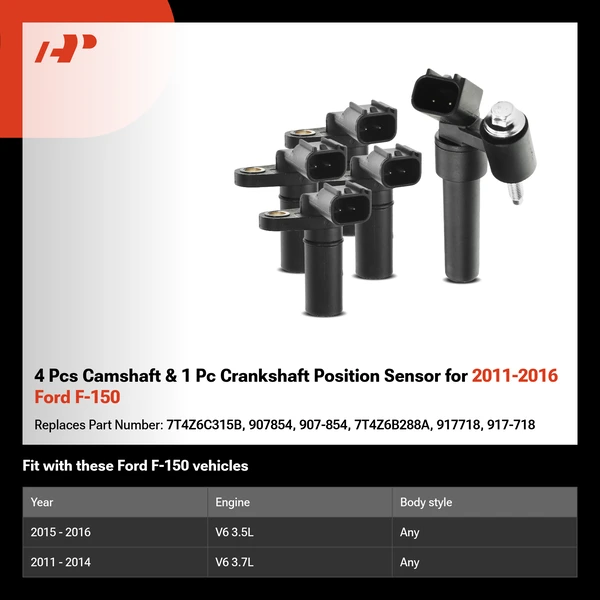 4 Pcs Camshaft & 1 Pc Crankshaft Position Sensor for 2011-2016 Ford F-150