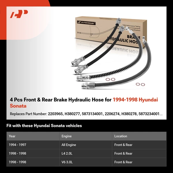 4 Pcs Front & Rear Brake Hydraulic Hose for 1994-1998 Hyundai Sonata