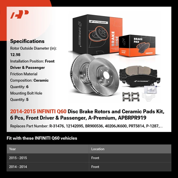 2014-2015 INFINITI Q60 Disc Brake Rotors and Ceramic Pads Kit, 6 Pcs, Front Driver & Passenger, A-Premium, APBRPR919
