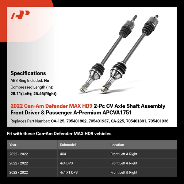 2022 Can-Am Defender MAX HD9 2-Pc CV Axle Shaft Assembly Front Driver & Passenger A-Premium APCVA1751