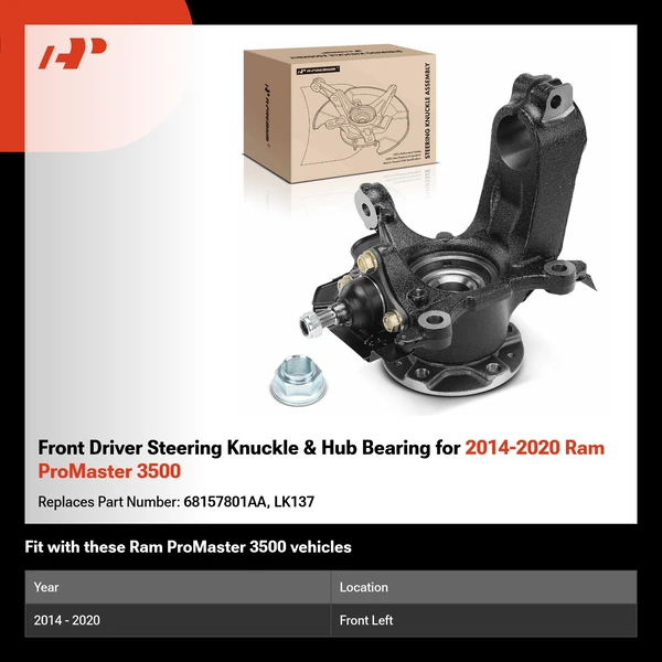 Front Driver Steering Knuckle & Hub Bearing for 2014-2020 Ram ProMaster 3500