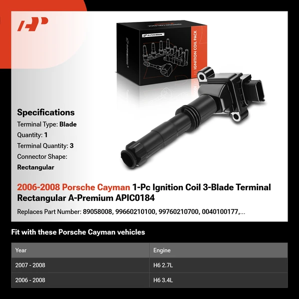 2006-2008 Porsche Cayman 1-Pc Ignition Coil 3-Blade Terminal Rectangular A-Premium APIC0184
