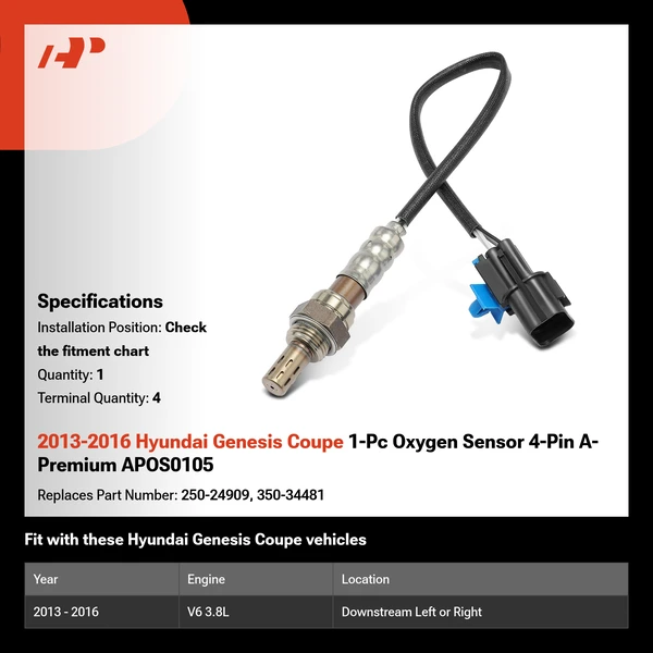 2013-2016 Hyundai Genesis Coupe 1-Pc Oxygen Sensor 4-Pin A-Premium APOS0105