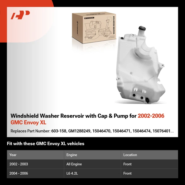 Windshield Washer Reservoir with Cap & Pump for 2002-2006 GMC Envoy XL