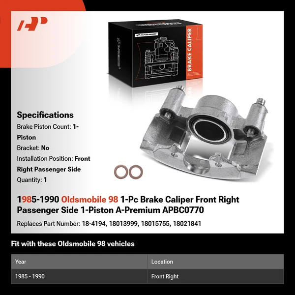 1985-1990 Oldsmobile 98 1-Pc Brake Caliper Front Right Passenger Side 1-Piston A-Premium APBC0770