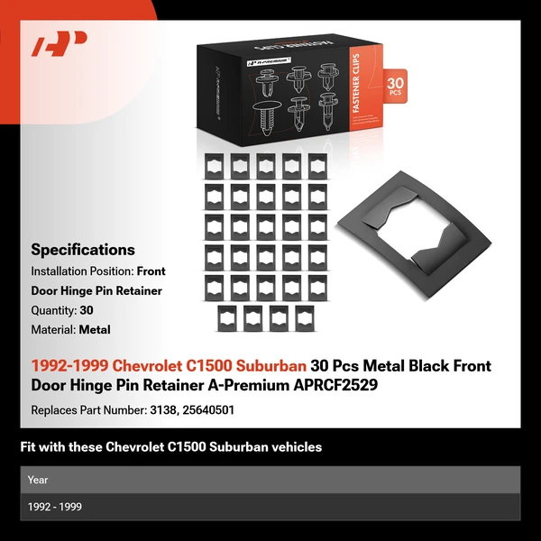 1992-1999 Chevrolet C1500 Suburban 30 Pcs Metal Black Front Door Hinge Pin Retainer A-Premium APRCF2529