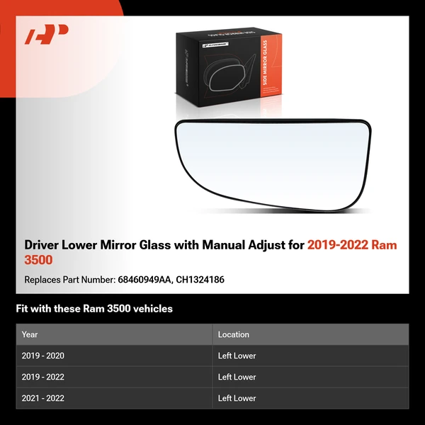 Driver Lower Mirror Glass with Manual Adjust for 2019-2022 Ram 3500