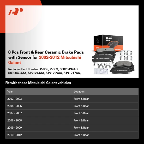 8 Pcs Front & Rear Ceramic Brake Pads with Sensor for 2002-2012 Mitsubishi Galant