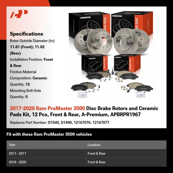 2017-2020 Ram ProMaster 3500 Disc Brake Rotors and Ceramic Pads Kit, 12 Pcs, Front & Rear, A-Premium, APBRPR1967