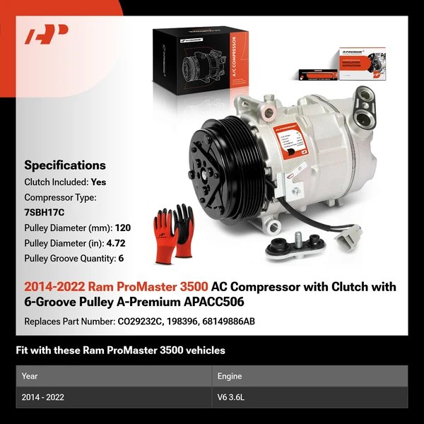2014-2022 Ram ProMaster 3500 AC Compressor with Clutch with 6-Groove Pulley A-Premium APACC506