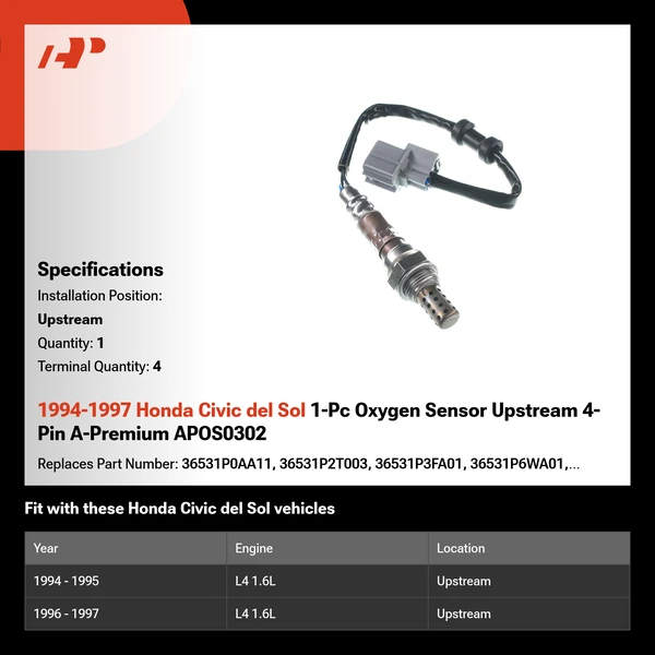 1994-1997 Honda Civic del Sol 1-Pc Oxygen Sensor Upstream 4-Pin A-Premium APOS0302