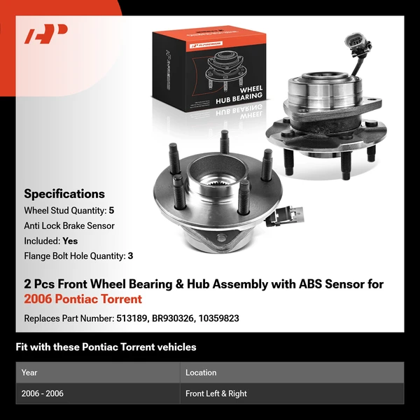 2 Pcs Front Wheel Bearing & Hub Assembly with ABS Sensor for 2006 Pontiac Torrent