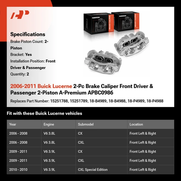 2006-2011 Buick Lucerne 2-Pc Brake Caliper Front Driver & Passenger 2-Piston A-Premium APBC0986