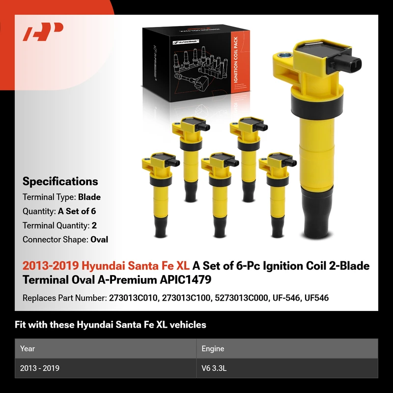 2013-2019 Hyundai Santa Fe XL A Set of 6-Pc Ignition Coil 2-Blade Terminal Oval A-Premium APIC1479