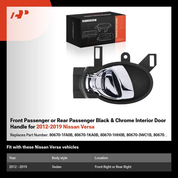 Front Passenger or Rear Passenger Black & Chrome Interior Door Handle for 2012-2019 Nissan Versa