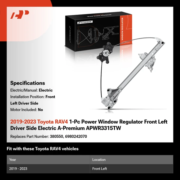 2019-2023 Toyota RAV4 1-Pc Power Window Regulator Front Left Driver Side Electric A-Premium APWR3315TW