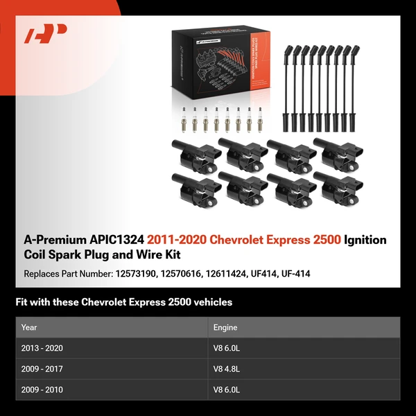 A-Premium APIC1324 2011-2020 Chevrolet Express 2500 Ignition Coil Spark Plug and Wire Kit