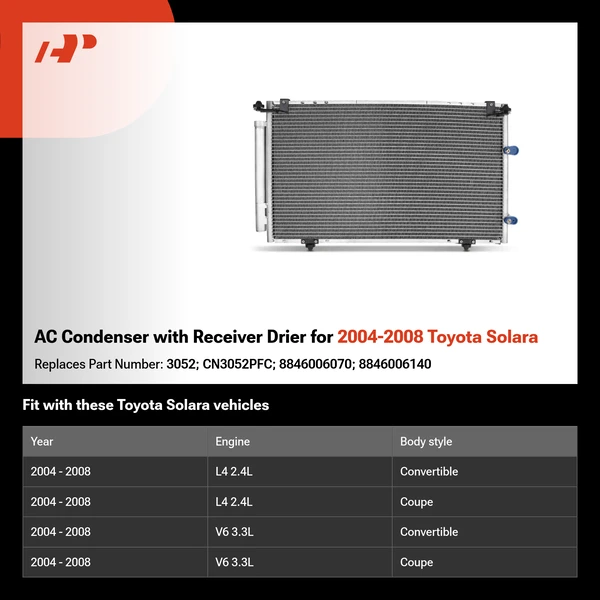 AC Condenser with Receiver Drier for 2004-2008 Toyota Solara