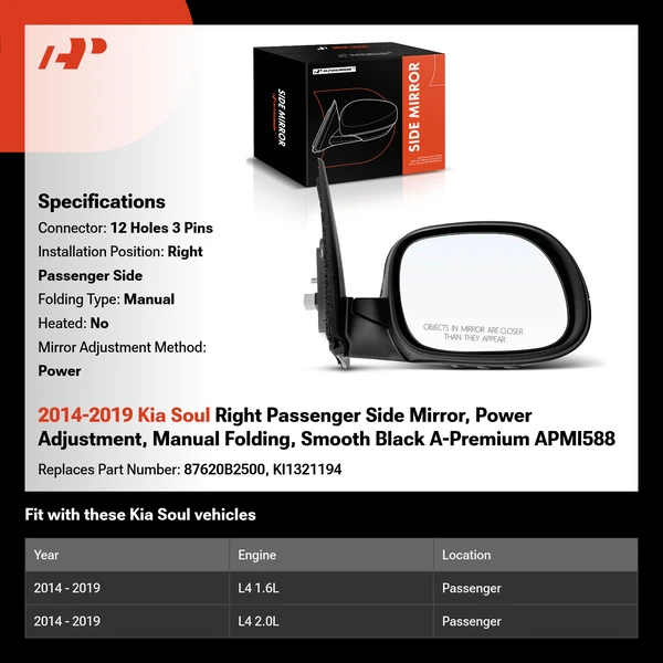 2014-2019 Kia Soul Right Passenger Side Mirror, Power Adjustment, Manual Folding, Smooth Black A-Premium APMI588