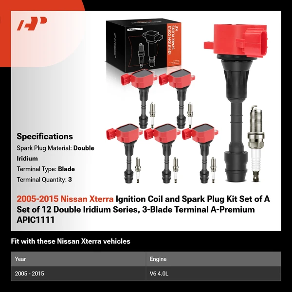 2005-2015 Nissan Xterra Ignition Coil and Spark Plug Kit Set of A Set of 12 Double Iridium Series, 3-Blade Terminal A-Premium APIC1111