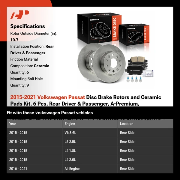 2015-2021 Volkswagen Passat Disc Brake Rotors and Ceramic Pads Kit, 6 Pcs, Rear Driver & Passenger, A-Premium, APBRPR1820