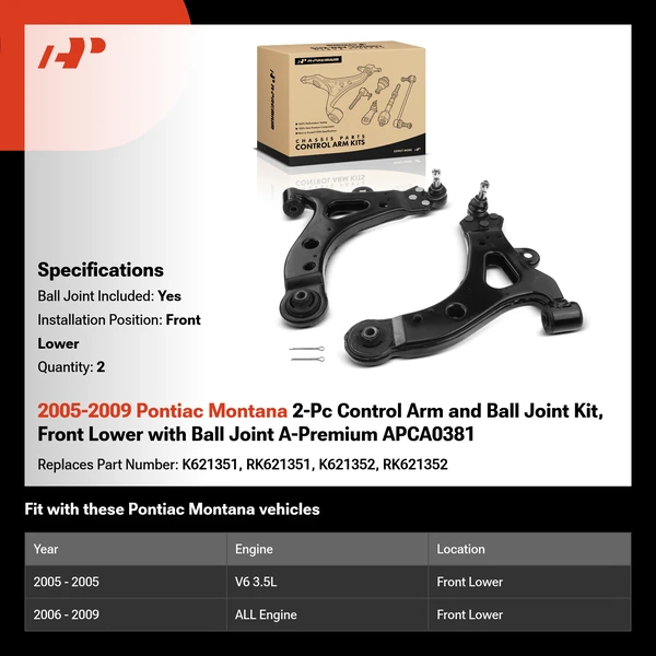 2005-2009 Pontiac Montana 2-Pc Control Arm and Ball Joint Kit, Front Lower with Ball Joint A-Premium APCA0381