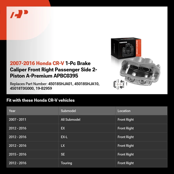 2007-2016 Honda CR-V 1-Pc Brake Caliper Front Right Passenger Side 2-Piston A-Premium APBC0395