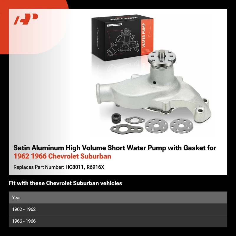 Satin Aluminum High Volume Short Water Pump with Gasket for 1962 1966 Chevrolet Suburban