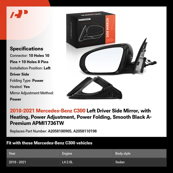 2018-2021 Mercedes-Benz C300 Left Driver Side Mirror, with Heating, Power Adjustment, Power Folding, Smooth Black A-Premium APMI1736TW